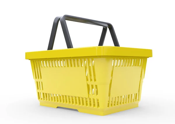 黄色の空のショッピングバスケット白の背景に隔離された 3Dレンダリング図 — ストック写真