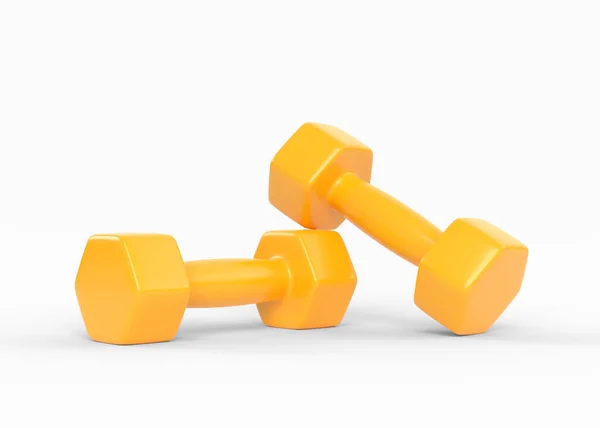 Two yellow rubber or plastic coated fitness dumbbells isolated on white background. Sport equipment. 3D render illustration
