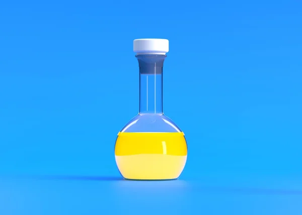 蓝色底色的黄色液体瓶 化学瓶 实验室玻璃器皿 最小的概念 3D渲染说明 — 图库照片