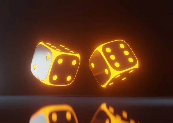 ブラックの背景に隔離された未来的な黄色の光るネオンが輝くカジノのダイス 3Dレンダリングイラスト — ストック写真