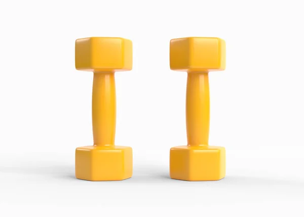 两个黄色塑料或金属哑铃的健身隔离在白色背景 前面的景色健身房和健身器材 解决工具 运动训练和提升的概念 3D渲染说明 — 图库照片