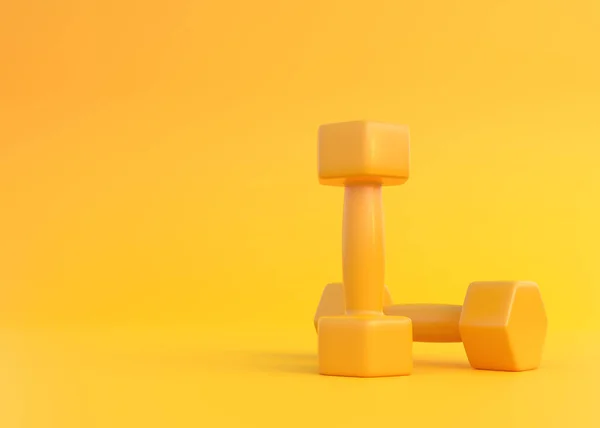 Fitness Dambılları Sarı Arka Planda Iki Sarı Renkli Lastik Veya — Stok fotoğraf