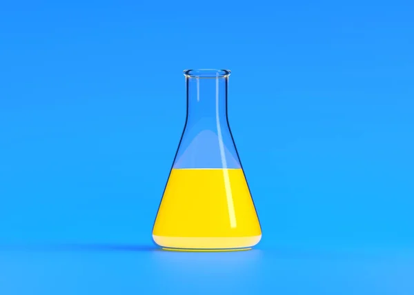 Erlenmeyer Lombik Sárga Folyadékkal Kék Alapon Kémiai Flaska Laboratóriumi Üvegedények — Stock Fotó