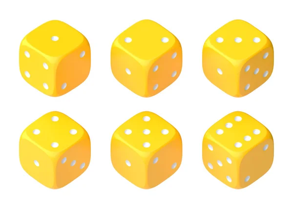 一组六枚黄色骰子 白色圆点呈半圆形 显示不同的数字 幸运骰子滚骰子棋盘游戏赌钱3D渲染说明 — 图库照片