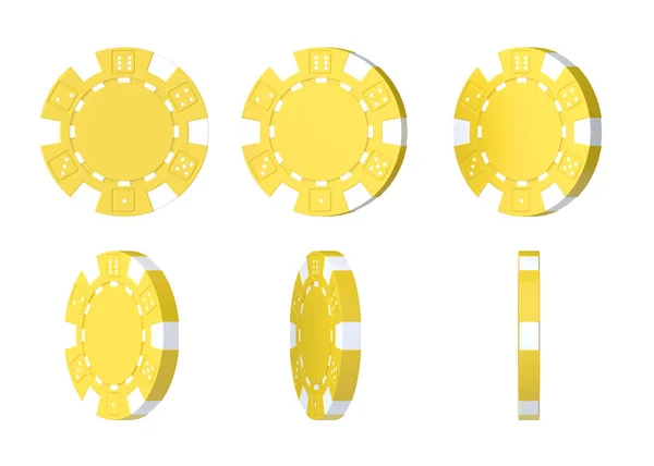不同角度的黄色赌场碎片在白色背景上隔离 赌博游戏赌场的概念3D渲染3D插图 — 图库照片