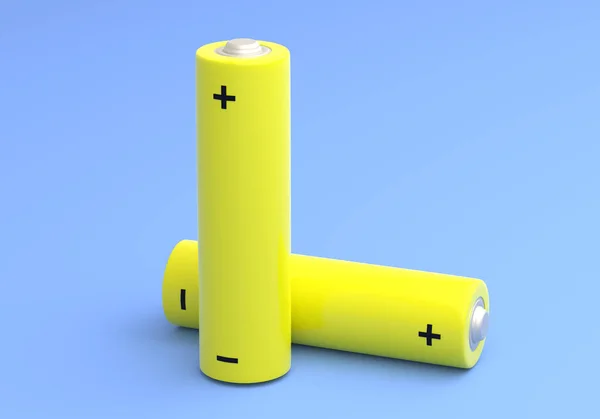 Två Gula Storlek Batterier Isolerade Blå Bakgrund Pastellfärger Alkaliskt Batteri — Stockfoto