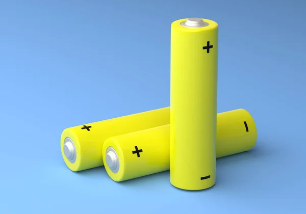Twee Gele Batterijen Geïsoleerd Blauwe Achtergrond Pastelkleuren Alkalische Batterij Minimaal — Stockfoto