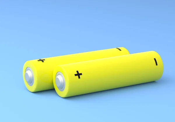 Two Yellow Size Batteries Isolated Blue Background Pastel Colors Alkaline — Stock Photo, Image
