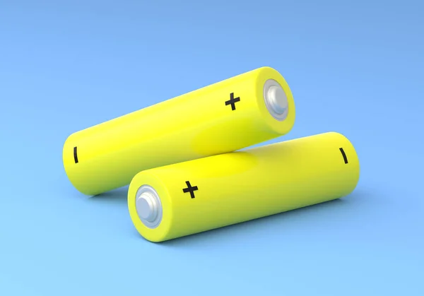 Две Батареи Желтого Размера Изолированы Синем Фоне Пастельных Тонах Щелочная — стоковое фото