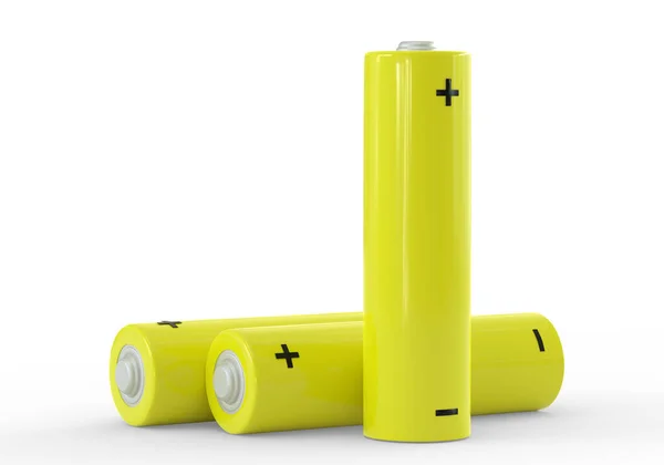 白い背景に閉じ込められた2つの黄色のAaサイズの電池 炭素亜鉛電池 充電式電池 モックアップ 3Dレンダリング図 — ストック写真