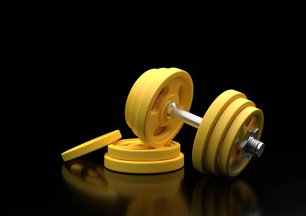 Dumbbell Yellow Plates Isolated Black Background Front View Copy Space — Stock Photo, Image