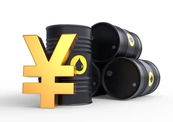 白い背景には 油の樽と黄金の円記号 石油価格のインフレ 3Dレンダリング図 — ストック写真