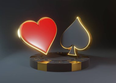 Kumarhane poker fişleri ve as kartları iskambil kağıtları sembolü ve siyah arka planda kırmızı ve siyah renkli kalpler. 3d resimleme