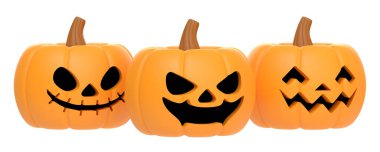 Beyaz arka planda izole edilmiş Jack-o-Lantern balkabakları. Mutlu Cadılar Bayramı konsepti. Geleneksel Ekim tatili. 3 Boyutlu resimleme