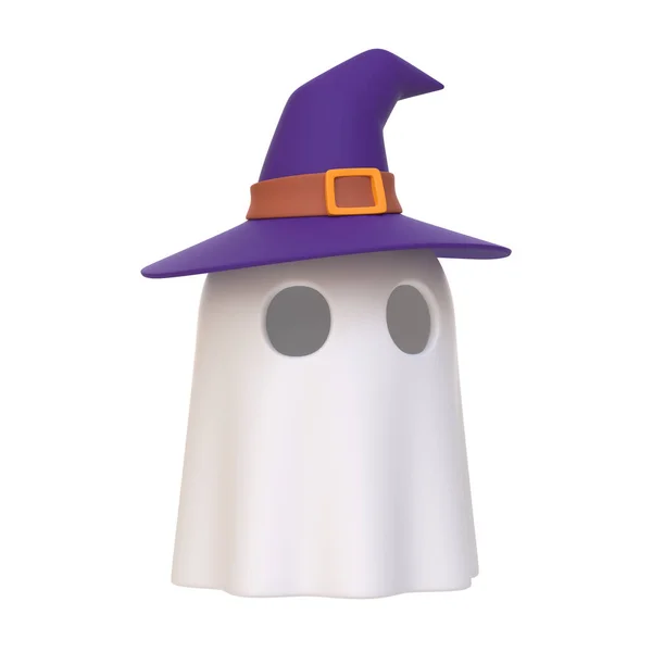 Simple Halloween Cartoon Ghost Wearing Witch Hat Isolated White Background — Stock Photo, Image