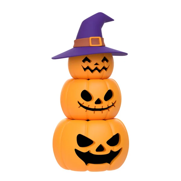 Jack Lantern Pumpkins Wearing Witch Hat Isolated White Background Happy — Stock Photo, Image