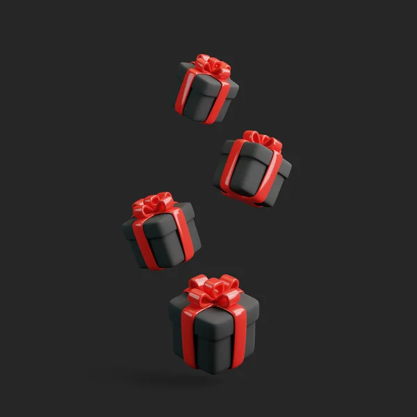黑色礼品盒 红色缎带落在黑色背景上 黑色星期五超级销售的概念 3D渲染说明 — 图库照片