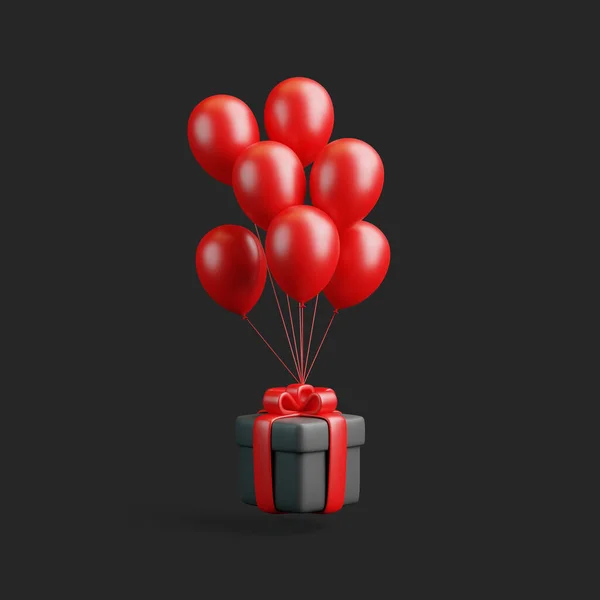 Black gift box with red balloons on black background. Black Friday Super Sale concept. 3D render illustration