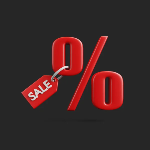 Big red percent sign with red sale tag on black background. Black Friday Super Sale concept. 3D render illustration
