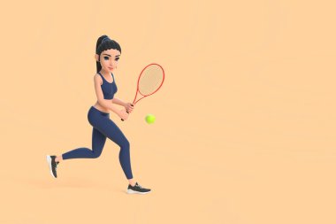 Bej arka planda tenis oynayan spor giyim sektöründeki çizgi film karakteri kadın. 3 Boyutlu resimleme