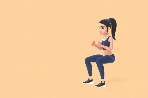 穿着运动服的卡通女主角在米色背景下蹲着 3D渲染说明 — 图库照片