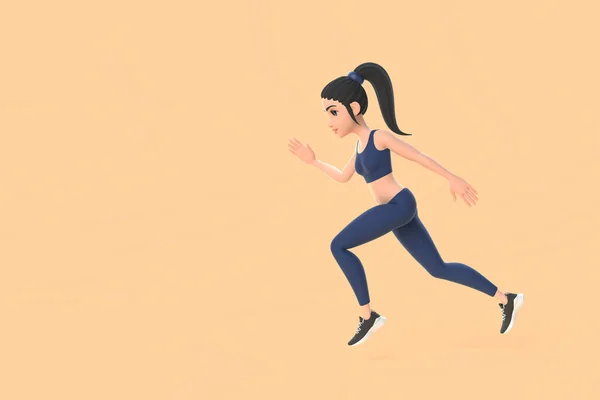Personaje Dibujos Animados Mujer Ropa Deportiva Corriendo Sobre Fondo Beige — Foto de Stock