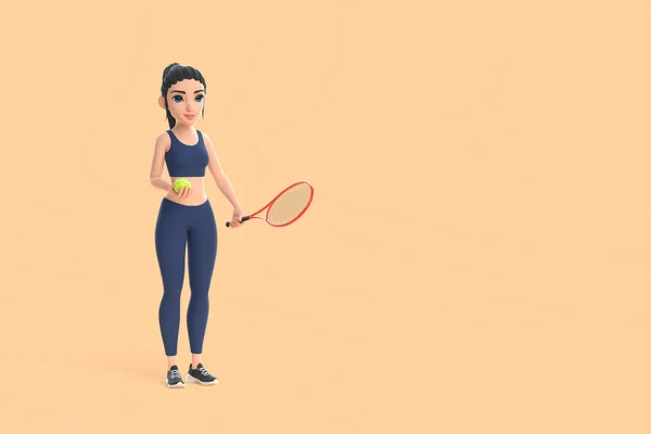 Tecknad Karaktär Kvinna Sportkläder Spelar Tennis Beige Bakgrund Render Illustration — Stockfoto