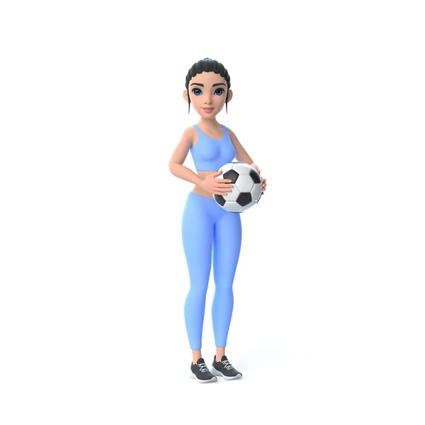 白い背景に隔離されたサッカーボールを保持するスポーツウェアの漫画キャラクターの女性 3Dレンダリングイラスト — ストック写真