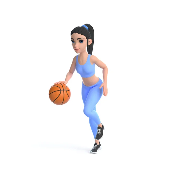 白い背景に隔離されたバスケットボールをするスポーツウェアの漫画のキャラクターの女性 3Dレンダリングイラスト — ストック写真