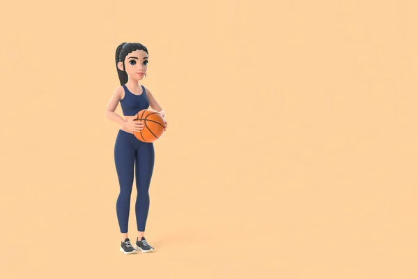 Cartoon Postava Žena Sportovním Oblečení Drží Basketbal Béžovém Pozadí Vykreslování — Stock fotografie