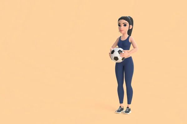 Mulher Personagem Desenhos Animados Sportswear Segurando Bola Futebol Fundo Bege — Fotografia de Stock