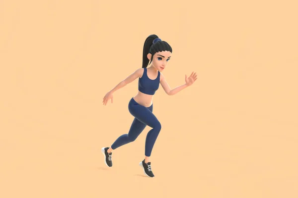 Kreskówkowa Kobieta Odzieży Sportowej Biegająca Beżowym Tle Ilustracja Renderowania — Zdjęcie stockowe