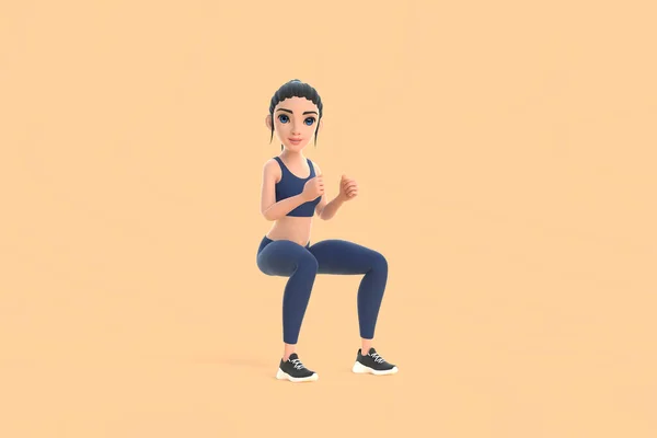 Cartoon Character Woman Sportswear Doing Squats Beige Background Render Illustration — Stock Photo, Image