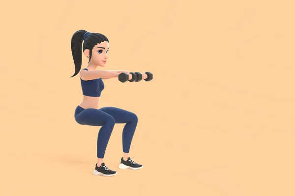 Cartoon character woman in sportswear doing exercises with dumbbells on beige background. 3D render illustration