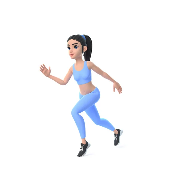 穿着运动服的卡通人物女子在白色背景下独自跑步 3D渲染说明 — 图库照片