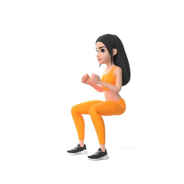 穿着运动服的卡通女主角蹲在雪白的背景上 3D渲染说明 — 图库照片