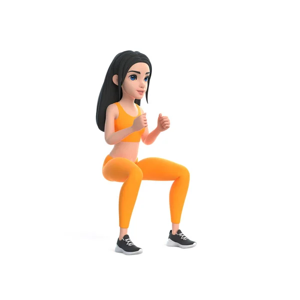 Cartoon Character Woman Sportswear Doing Squats Isolated White Background Render — Stock Photo, Image