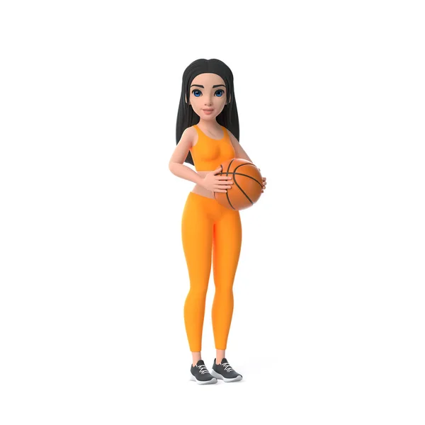 白い背景に隔離されたバスケットボールを保持するスポーツウェアの漫画のキャラクターの女性 3Dレンダリングイラスト — ストック写真