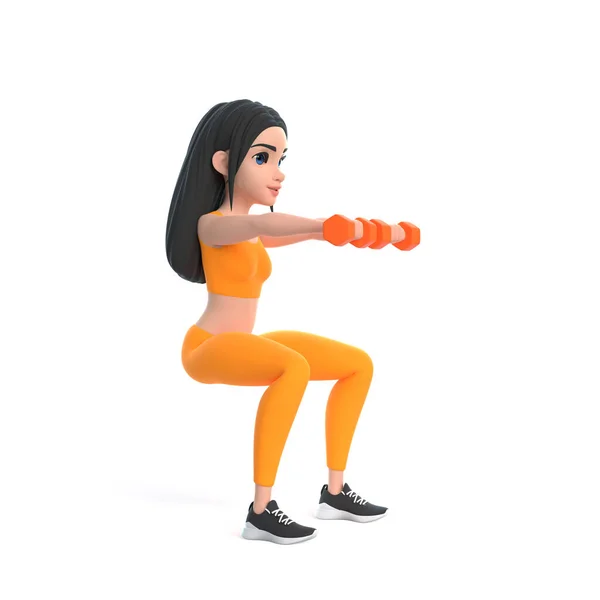Cartoon Character Woman Sportswear Doing Exercises Dumbbells Isolated White Background — Stock Photo, Image