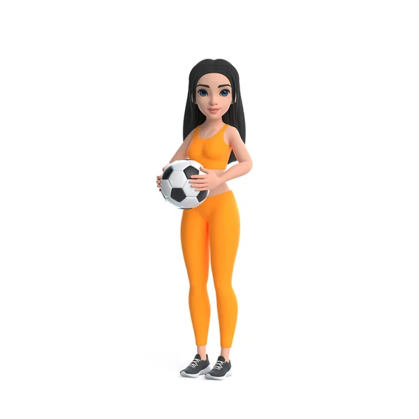 Kreskówka Postać Kobieta Odzieży Sportowej Trzyma Piłkę Nożną Izolowane Białym — Zdjęcie stockowe