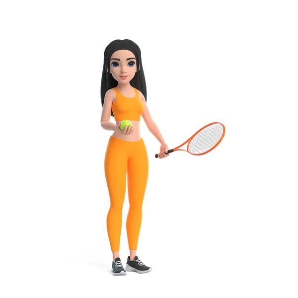 Cartoon Χαρακτήρα Γυναίκα Στα Αθλητικά Παίζοντας Τένις Απομονώνονται Λευκό Φόντο — Φωτογραφία Αρχείου
