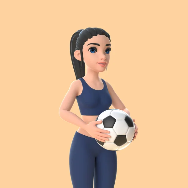 Kreskówkowa Kobieta Odzieży Sportowej Trzymająca Piłkę Beżowym Tle Ilustracja Renderowania — Zdjęcie stockowe