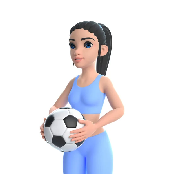 Kreskówka Postać Kobieta Odzieży Sportowej Trzyma Piłkę Nożną Izolowane Białym — Zdjęcie stockowe