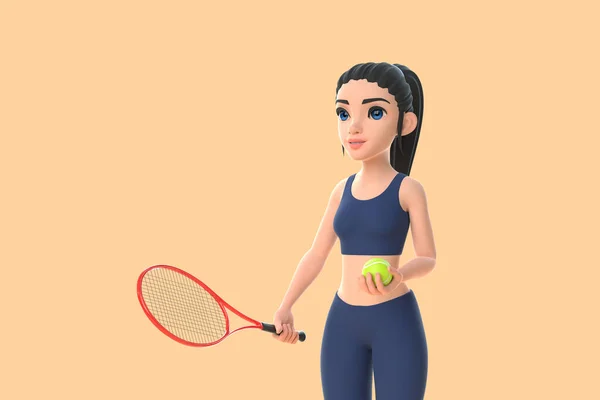 Cartoon Character Woman Sportswear Playing Tennis Beige Background Render Illustration — Stock Photo, Image
