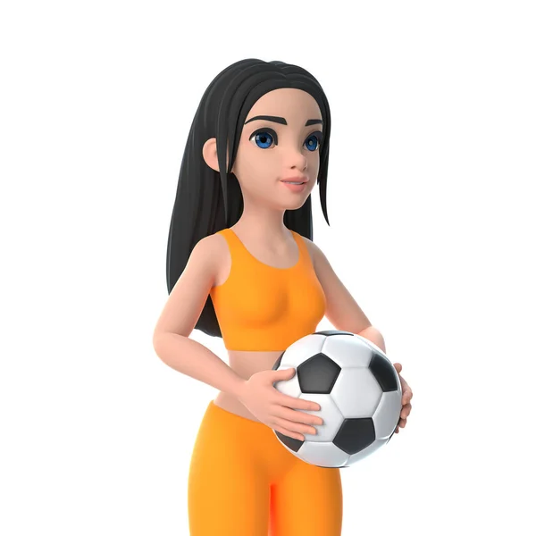 Cartoon Postava Žena Sportovním Oblečení Drží Fotbalový Míč Izolované Bílém — Stock fotografie