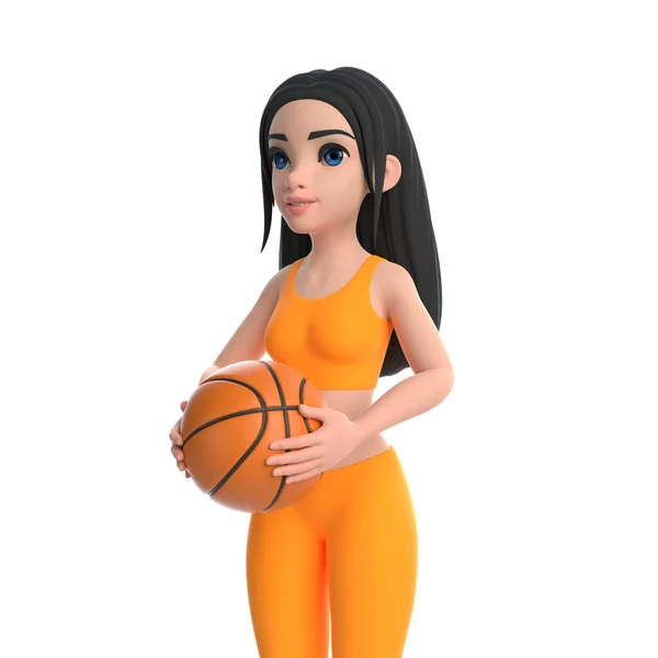白い背景に隔離されたバスケットボールを保持するスポーツウェアの漫画のキャラクターの女性 3Dレンダリングイラスト — ストック写真