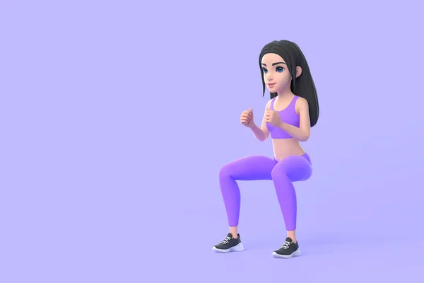 Cartoon Character Woman Sportswear Doing Squats Purple Background Render Illustration — Stock Photo, Image