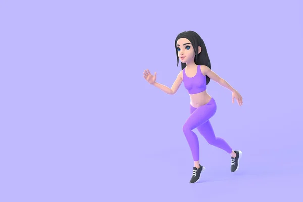 Cartoon Character Woman Sportswear Running Purple Background Render Illustration — Stock Photo, Image