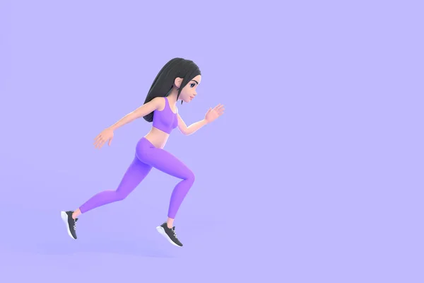 Cartoon character woman in sportswear running on purple background. 3D render illustration