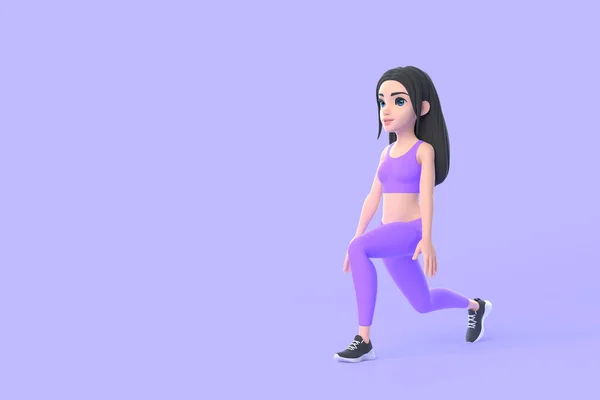 Cartoon Character Woman Sportswear Doing Squats Purple Background Render Illustration — Stock Photo, Image